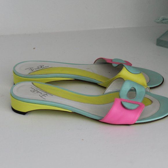 RARE RETRO Emilio Pucci Colorblock Leather Yellow Pink Green Slides Sandals 37.5 - Picture 4 of 11